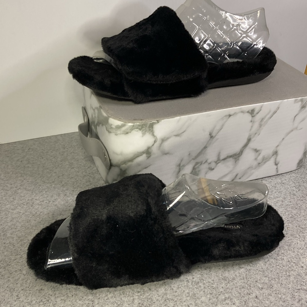 Vionic Black Furry Slides With Hook And Loop Clos… - image 2